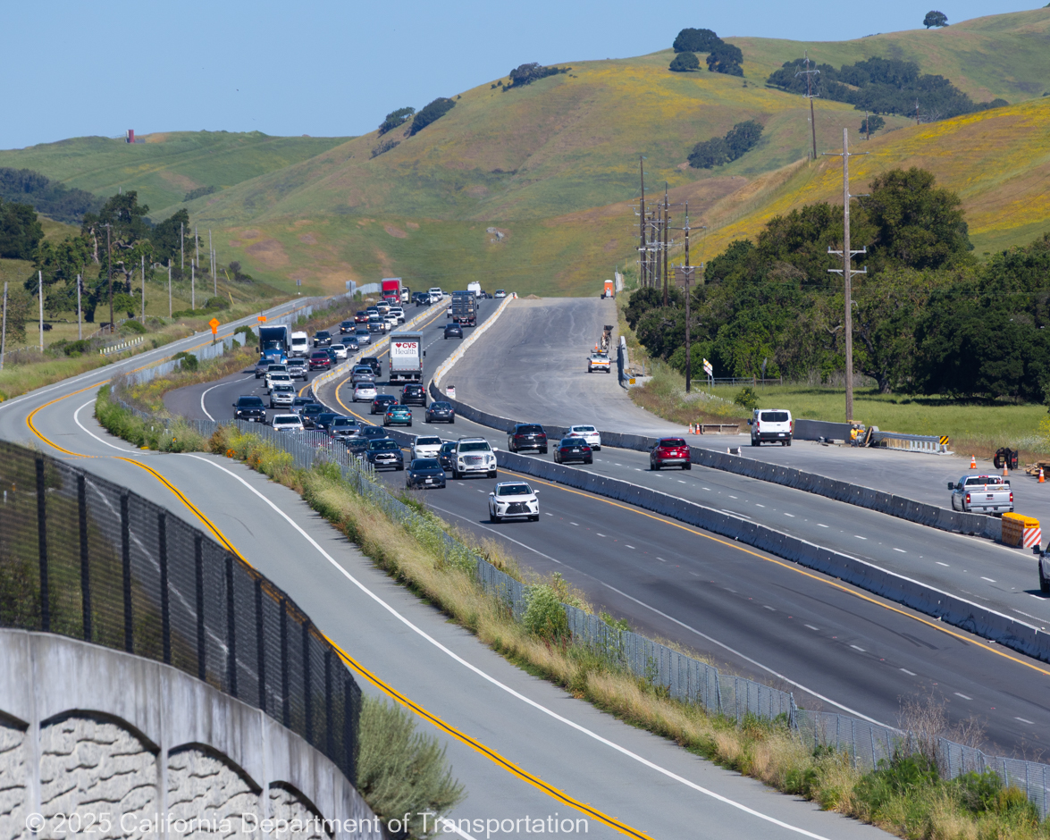 Traffic traveling along US 101 where the last remaining High Occupancy Vehicle (HOV) lane construction project will take place as part of the 16-mile US-101 Marin-Sonoma Narrows (MSN) program