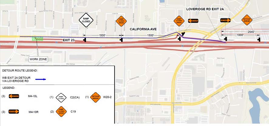 Detour map for 47-hour full closure of the Harbor Street/Railroad Avenue (Exit 23) off-ramp on Westbound State Route 4 (SR-4) in Pittsburg. Motorists traveling Westbound SR-4 are advised to take the Loveridge Road exit.