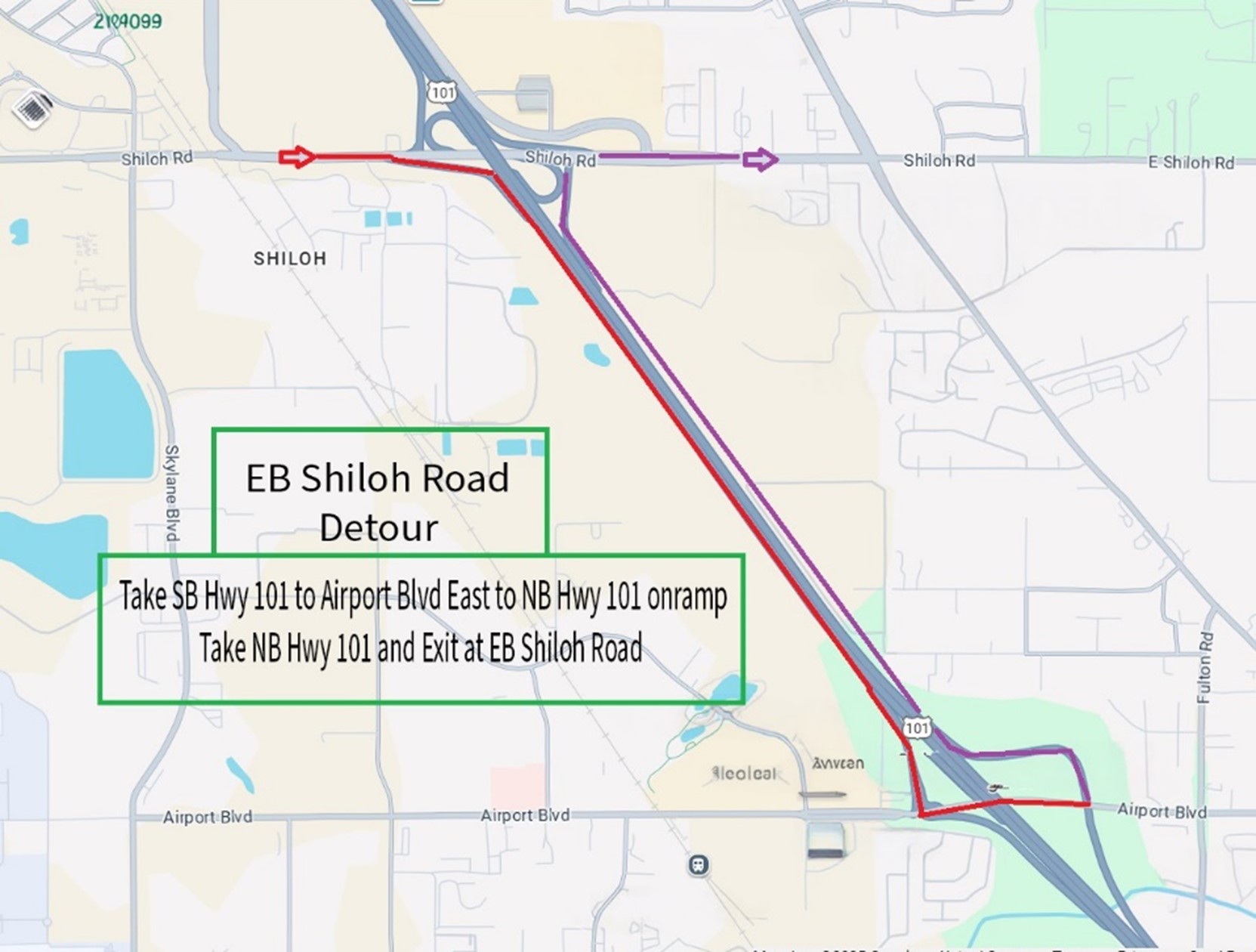 Eastbound Shiloh Road Detour map for closures of eastbound lane on the Hwy 101/Shiloh Road overcrossing and the Limerick Lane overcrossing, take Southbound Hwy 101 to Airport Blvd East to Northbound Hwy 101 onramp, take Northbound Hwy 101 and exit Eastbound Shiloh Road.