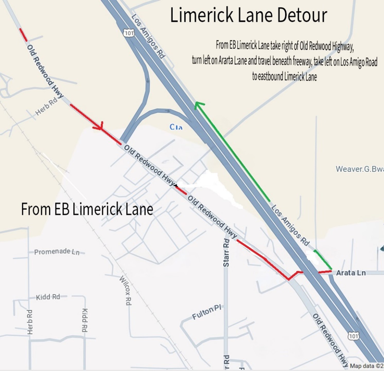 Limerick Lane Detour map for closures of eastbound lane on the Hwy 101/Shiloh Road overcrossing and the Limerick Lane overcrossing, from Eastbound Limerick Lane take right of Old Redwood Highway, turn left on Arata Lane and travel beneath the freeway, take left on Los Amigo Road to Eastbound Limerick Lane.