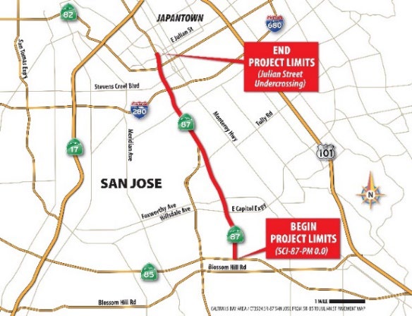 Map of Highway 87 Bikeway bike path along State Route 87 (SR-87) as part of the Pavement Improvement project. The bike path will be closed between Willow Street and State Route 85 (SR-85) at Santa Terresa Boulevard, in the city of San Jose, Santa Clara County.