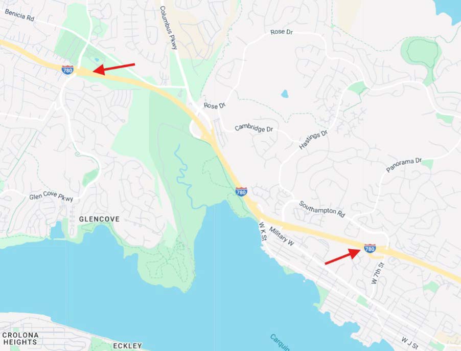 Map of ramp closures for crosswalk paving Eastbound I-780 at West 7th St and Westbound I-780 at Glen Cove Rd, Solano County