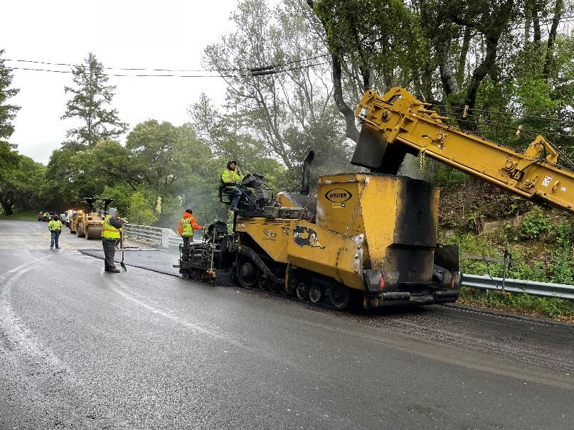 Caltrans workers and paving machines continue work on the State Route 1 (Shoreline Highway) Capital Preventative Maintenance Project.