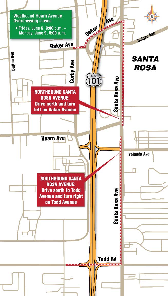Detour map for the weekend closures of Hearn Avenue Overcrossing, Santa Rosa. From northbound Santa Rosa Avenue, Drive north and turn left on Baker Avenue to cross the freeway, Turn right on Corby Avenue. Turn left on W. Barham Avenue, Turn left on Dutton Avenue to Hearn Avenue. From eastbound Hearn Avenue, Left on Corby Street Right on Baker to cross the freeway.