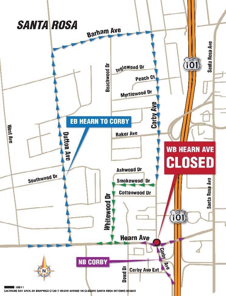Map of weekend Closures on Hearn Avenue Overcrossing in Santa Rosa, Westbound lane closed Friday, June 6, 9:00 p.m. to Monday, June 9, 6:00 a.m. and Eastbound Lane closed Friday, June 13, 9:00 p.m. to Monday, June 16, 6:00 a.m.