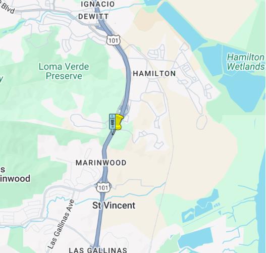 Map location of daily ramp and lane closures for Guard Rail Safety Project for Pacheco Bike Path along Southbound US-101 in Novato.