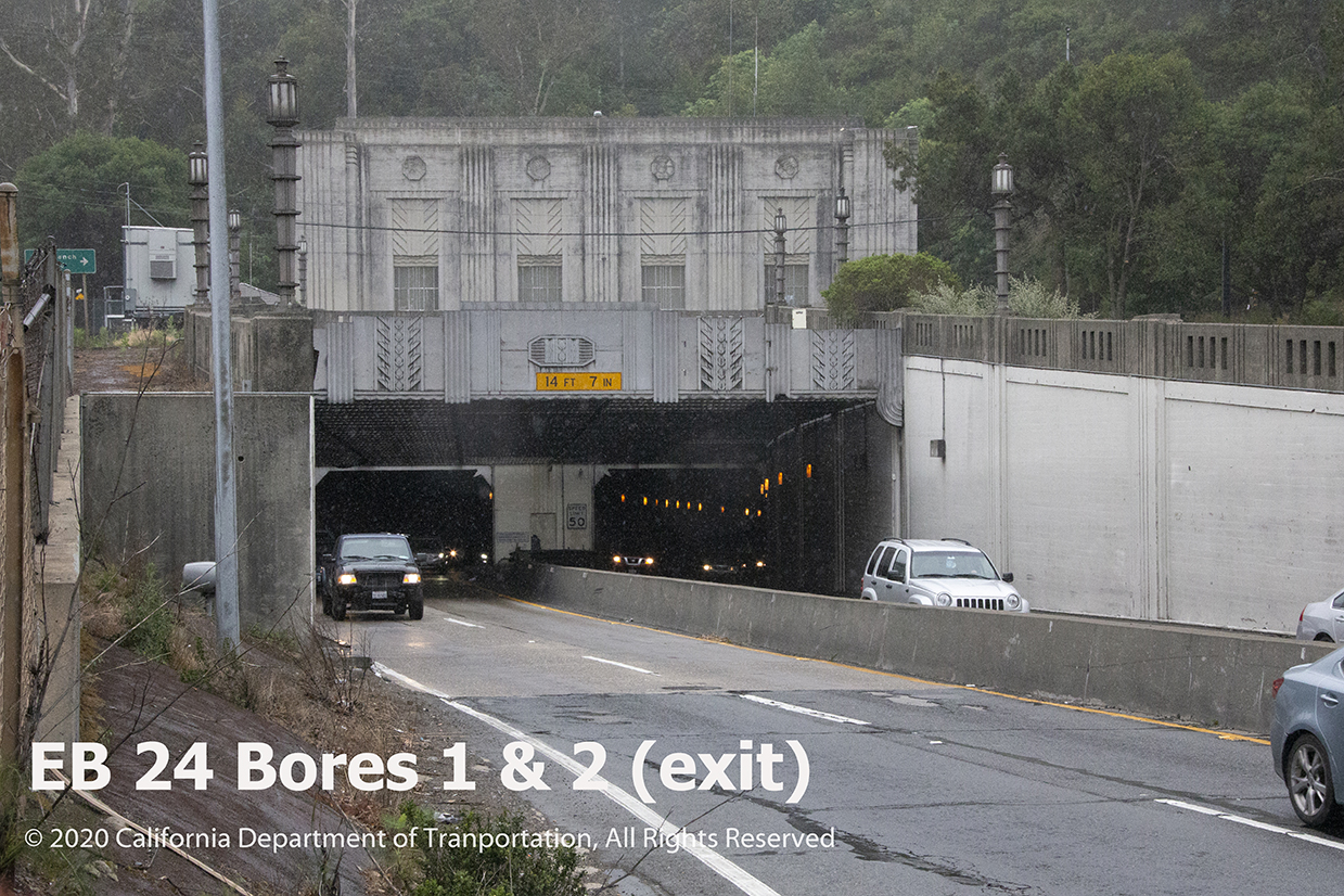 Eastbound State Route 24 (SR-24) Caldecott Tunnel Bore 1 and 2 exit.