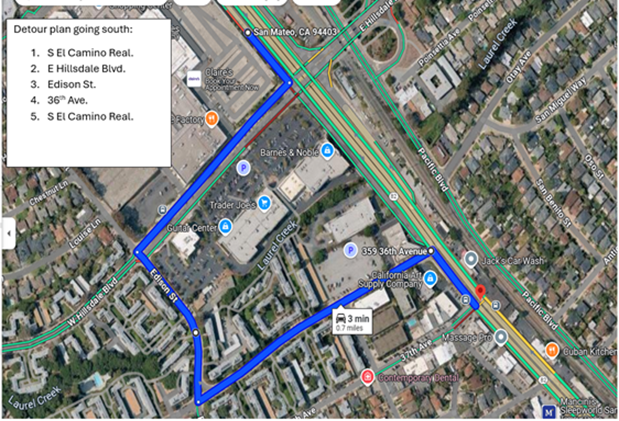 Detour map for overnight lane closure on SR-82 El Camino Real Frontage Road at Hillsdale Mall, heading southbound on El Camino Real, turn right at East Hillsdale Blvd., turn left on Edison Street, then turn left on 36th Ave.