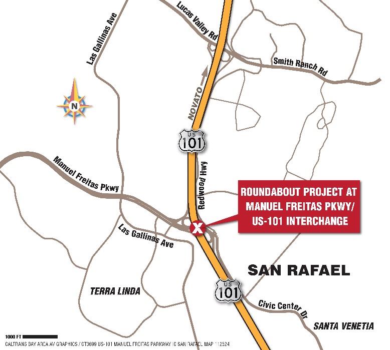 Map for Ramp Closure on Northbound US-101 for Roundabout Project at Manuel T. Freitas Parkway in San Rafael.
