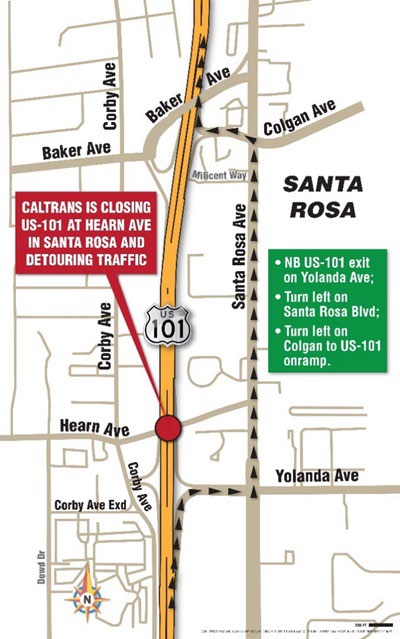 Detour map for Nighttime Full Closure of Highway 101 at Hearn Avenue in Santa Rosa For Overcrossing Replacement Project, Northbound  Highway 101 traffic exit on Yolanda Avenue, left on Santa Rosa Blvd., then left on Colgan to the Hwy 101 onramp