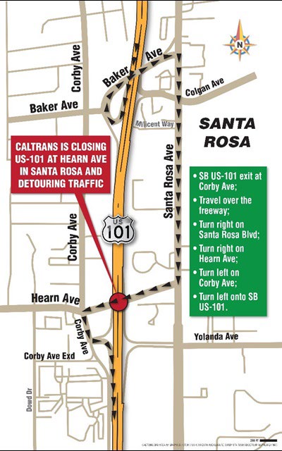 Detour map for Nighttime Full Closure of Highway 101 at Hearn Avenue in Santa Rosa For Overcrossing Replacement Project, Southbound Highway 101 traffic exit at Baker Avenue, travel over the freeway, right on Santa Rosa Avenue, right on Hearn Avenue using the overpass to cross the freeway, left on Corby to the southbound Hwy 101 onramp.