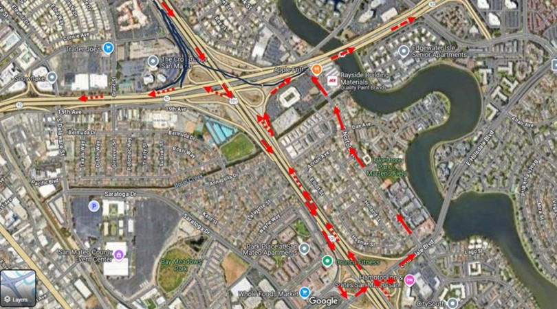 Detour map for Overnight Ramp Closures on Southbound U.S. 101 off-ramps to SR-92  in both directions in San Mateo, Southbound U.S. 101 to Fashion Island Boulevard, Exit at Hillsdale Boulevard and turn left onto Hillsdale Boulevard., Proceed to Norfolk Street and turn left and Continue to reach Fashion Island Boulevard. From Southbound U.S. 101 to Eastbound or Westbound SR-92:, Exit at Hillsdale Boulevard and take eastbound Hillsdale Blvd. then take loop to northbound US-101, From northbound U.S. 101, follow signs to Route 92 in desired direction.
