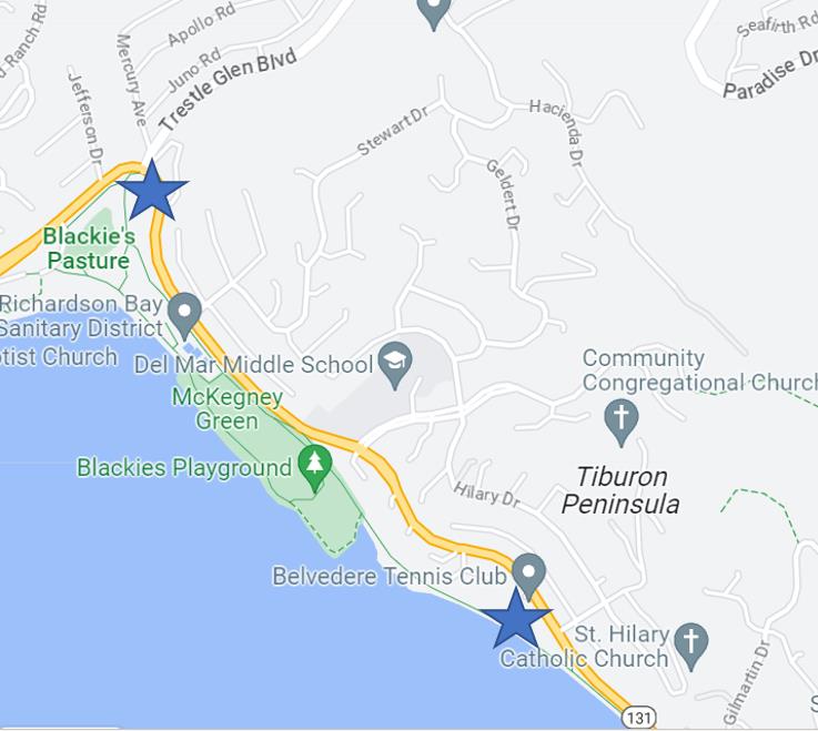 Map of scheduled vegetation management work on State Route 131 (Tiburon Boulevard) between Trestle Glen Boulevard and Rock Hill Road.