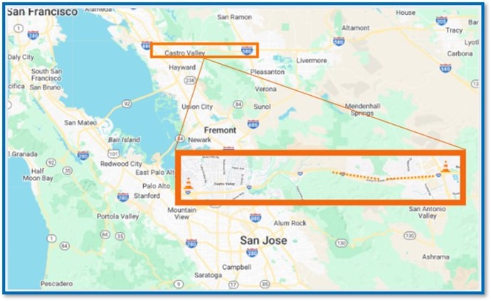 Map location of ongoing weekly night closures on I-580 in Castro Valley for Pavement Rehabilitation and Barrier Construction at Eastbound/Westbound I-580 from the I-680/I-580 Overcrossing to Eden Canyon Road and Westbound Redwood Rd to State Route 238 .