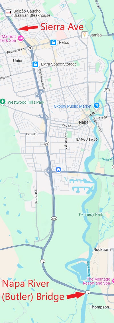 Map of where nighttime closures will take place on State Route 29 from Sierra Avenue to Napa River Bridge