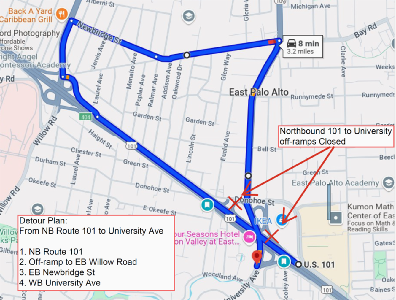 Detour map for overnight ramp closures on Northbound U.S. 101 at University Avenue in San Mateo, from northbound Route 101 to University Ave. take off-ramp to Eastbound Willow Road then Eastbound Newbridge St. then Westbound University Avenue.