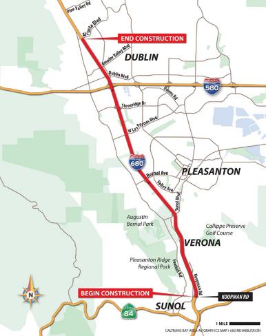 Map of where Ongoing Nightly Lane Closures on I-680 Between Sunol and San Ramon for Roadway Rehabilitation and Express Lane Construction From SR-84 in Sunol to Alcosta Boulevard in San Ramon.