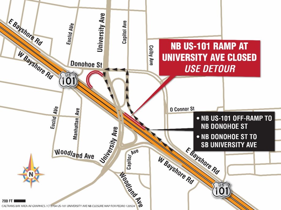Detour map for Weekend Ramp Closure on Northbound U.S. 101 at University Avenue in East Palo Alto, take Northbound US101 off-ramp to Northbound Donohoe Street to Southbound University Avenue.