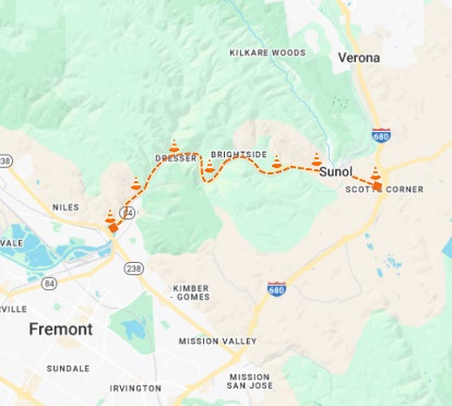 Map of where nightly one-way traffic control on State Route 84 (Niles Canyon Road) for flash beacon installation work will take place.