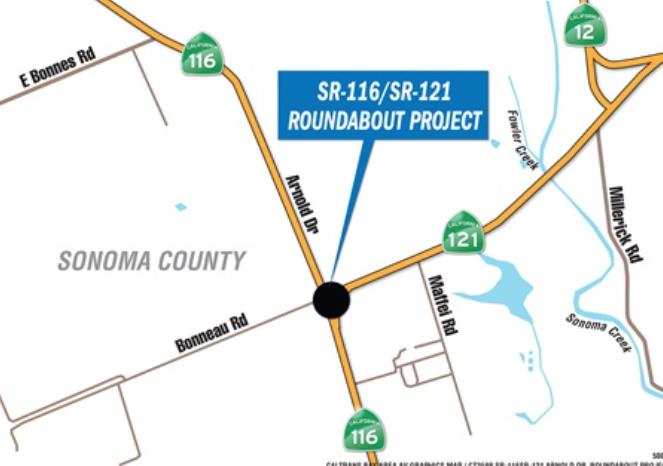 Map location of daily one-way traffic control for Bonneau Road for State Route 116/121 Roundabout Project in Sonoma County.
