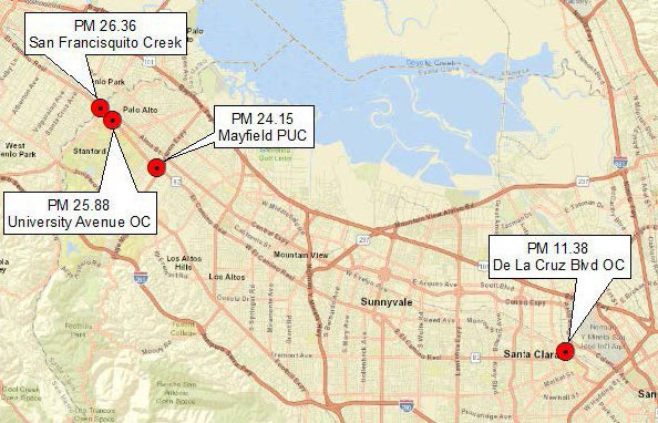 Map location of rail replacement work on State Route 82/El Camino Real and De La Cruz Boulevard Overcrossing, Santa Clara County.