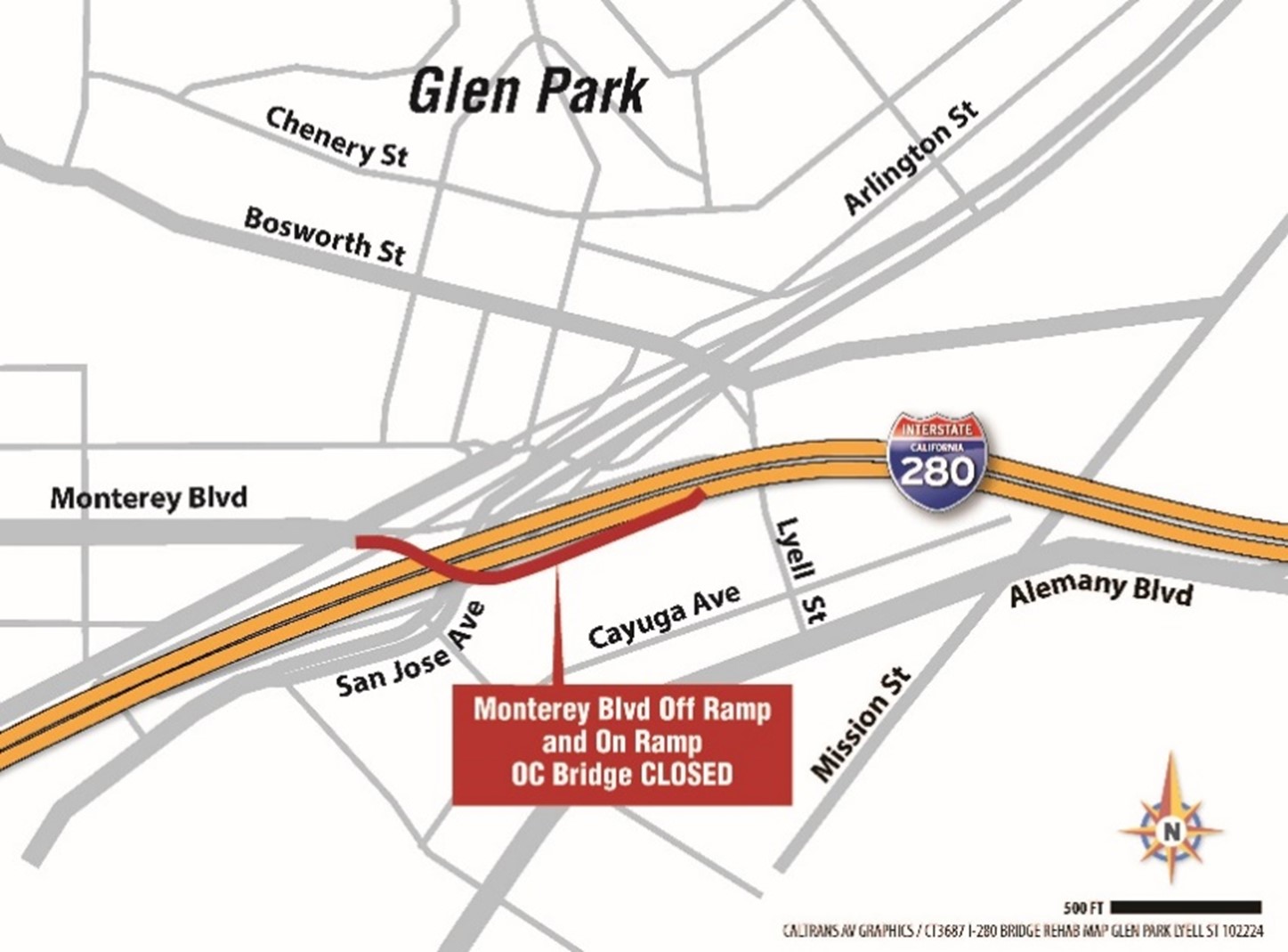 Map of nighttime closures of I-280 Northbound and Southbound Monterey Blvd. Ramps.