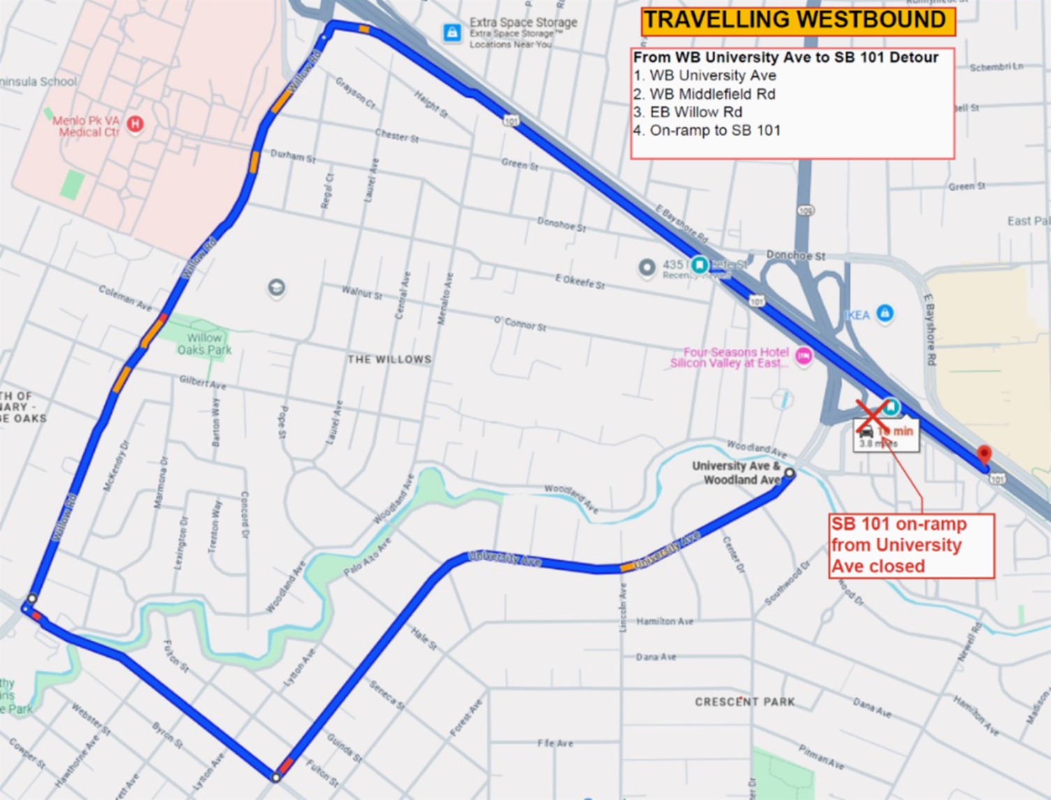 Detour map for overnight ramp closures on Southbound U.S. 101 at University Avenue in East Palo Alto. To access southbound 101 from University Ave, take westbound University Ave, then turn right onto Middlefield Rd, then turn right onto Willow Rd, and finally enter the on-ramp to southbound 101.