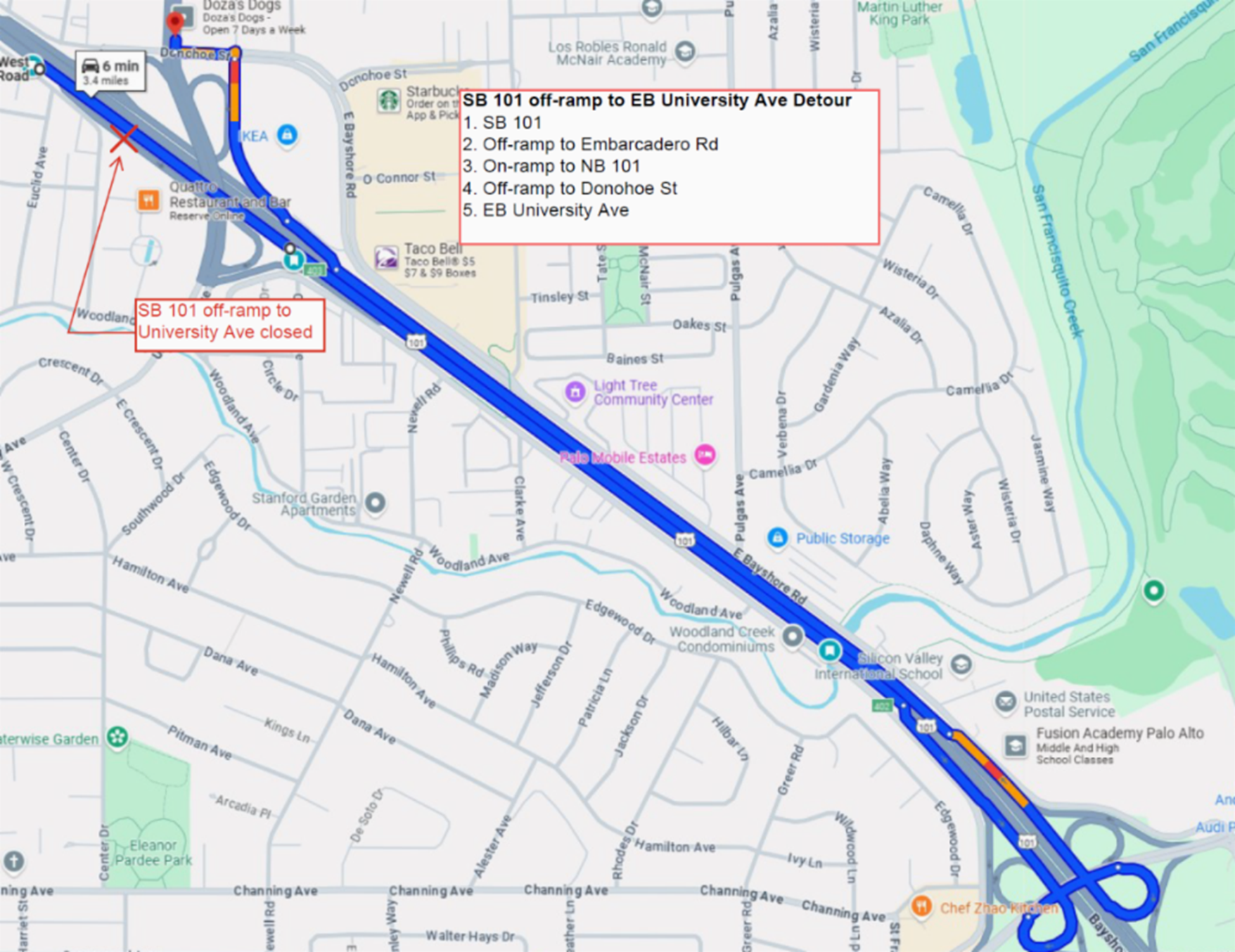 Detour map for overnight ramp closures on Southbound U.S. 101 at University Avenue in East Palo Alto. To access eastbound University Ave from southbound 101, take the off-ramp to Embarcadero Rd, then take the on-ramp to northbound 101, then take the off-ramp to Donohoe St, and continue straight onto eastbound University Ave.