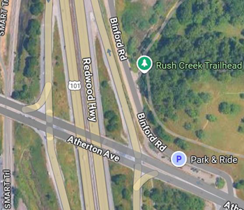 Arial view map of the interchange between US 101 and Atherton Avenue in Marin County.