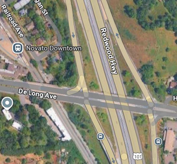Arial view map of the interchange between US 101 and De Long Avenue in Marin County.