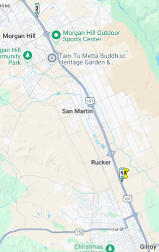Map showing US 101 between East Main Avenue in Morgan Hill and Buena Vista Avenue in Gilroy in Santa Clara County, California.