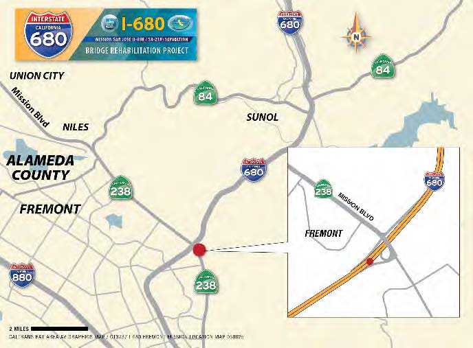 Map of the 55 hr. Highway Closures On I-680 at the Mission San Jose (SR-238) Overpass in Fremont.