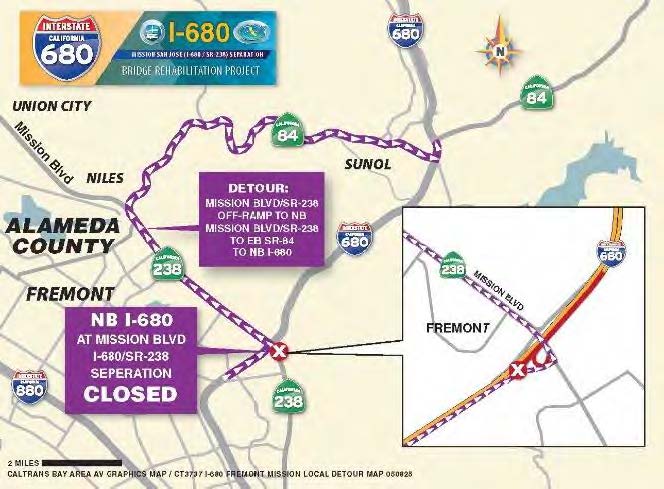 Detour map for Northbound I-680 full highway closure. Motorists traveling northbound on I-680 will need to exit right onto Mission Blvd/SR-238 Off-Ramp; Left towards NB Mission Blvd/SR-238; Continue on Mission Blvd/SR-238; Make a right onto Niles Canyon Rd (SR-84) and continue; Right onto NB I-680/SR-84 On-Ramp; Merge and continue onto NB I-680 towards Sacramento.
