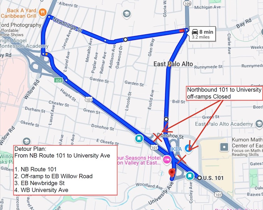 Detour map for ramp closures on U.S. 101 at University Avenue in East Palo Alto. To access University Ave. from northbound U.S. 101, take the off-ramp at Willow Road and turn right onto Willow Ave, and then turn right on Newbridge St. to enter University Ave.