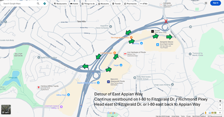 Map showing detour route for closure of the southbound Appian Way over crossing at Interstate 80. Westbound travelers will take the Fitzgerald/Richmond Parkway exit and turn left, cross over the overpass, then keep straight to access the western end of Fitzgerald or reenter I-80 Eastbound and take the Appian Way exit to access the eastern end of Fitzgerald and Appian Way.