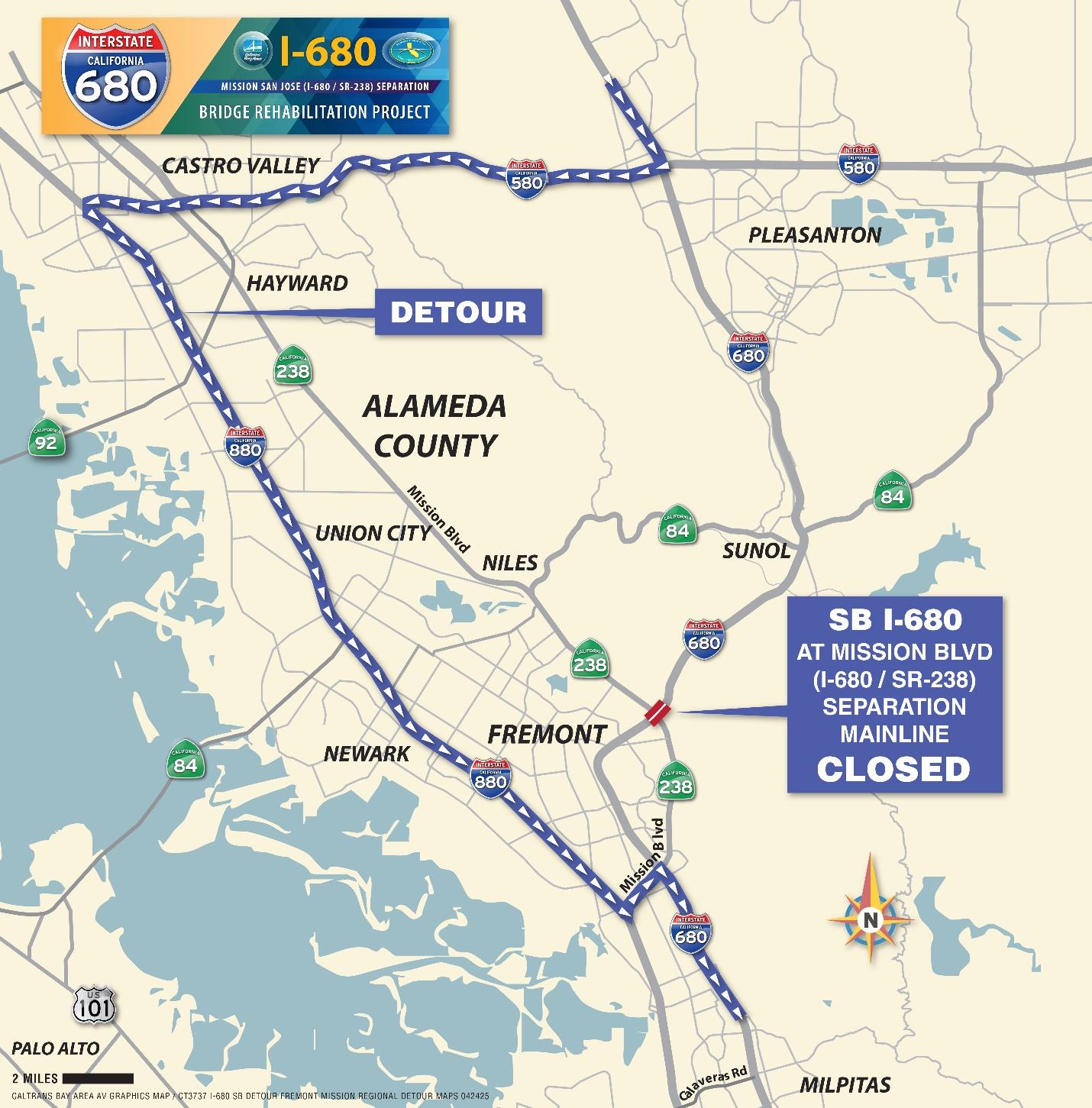 Southbound Regional Detour Map for 55 hr. Full Highway Closure On Southbound I-680 at the Mission San Jose (SR-238) Overpass in Fremont. 