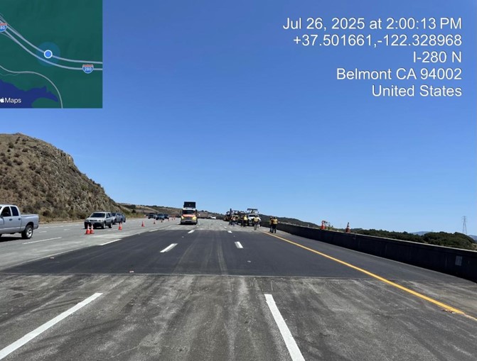 Caltrans crew working making culvert repairs on Northbound Interstate 280 near State Route 92 in Belmont.