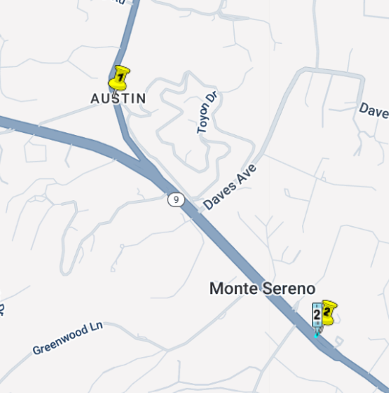 Map showing the location of daytime lane closures on the southbound direction of State Route 9 (SR-9) from Austin Way to Viewfield Road in the Saratoga/Monte Sereno area, Santa Clara County.