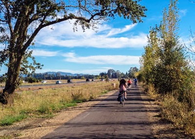 Photo of bicyclists on a bike path in a rural setting.