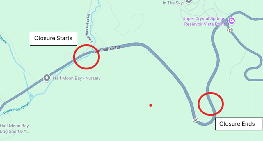 Map location of lane closure and one-way traffic control on SR-92 east of Half Moon Bay.
