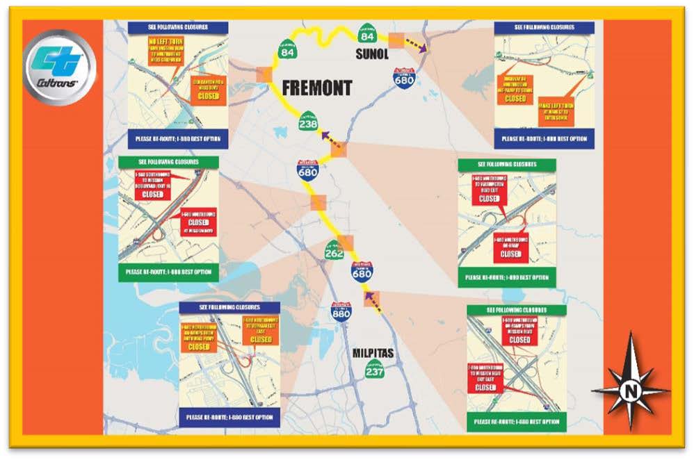 Map of 55-hour full highway closure on Northbound I-680 at the Mission San Jose (SR-238) overpass in Fremont, with additional detour maps embedded into large map. 
