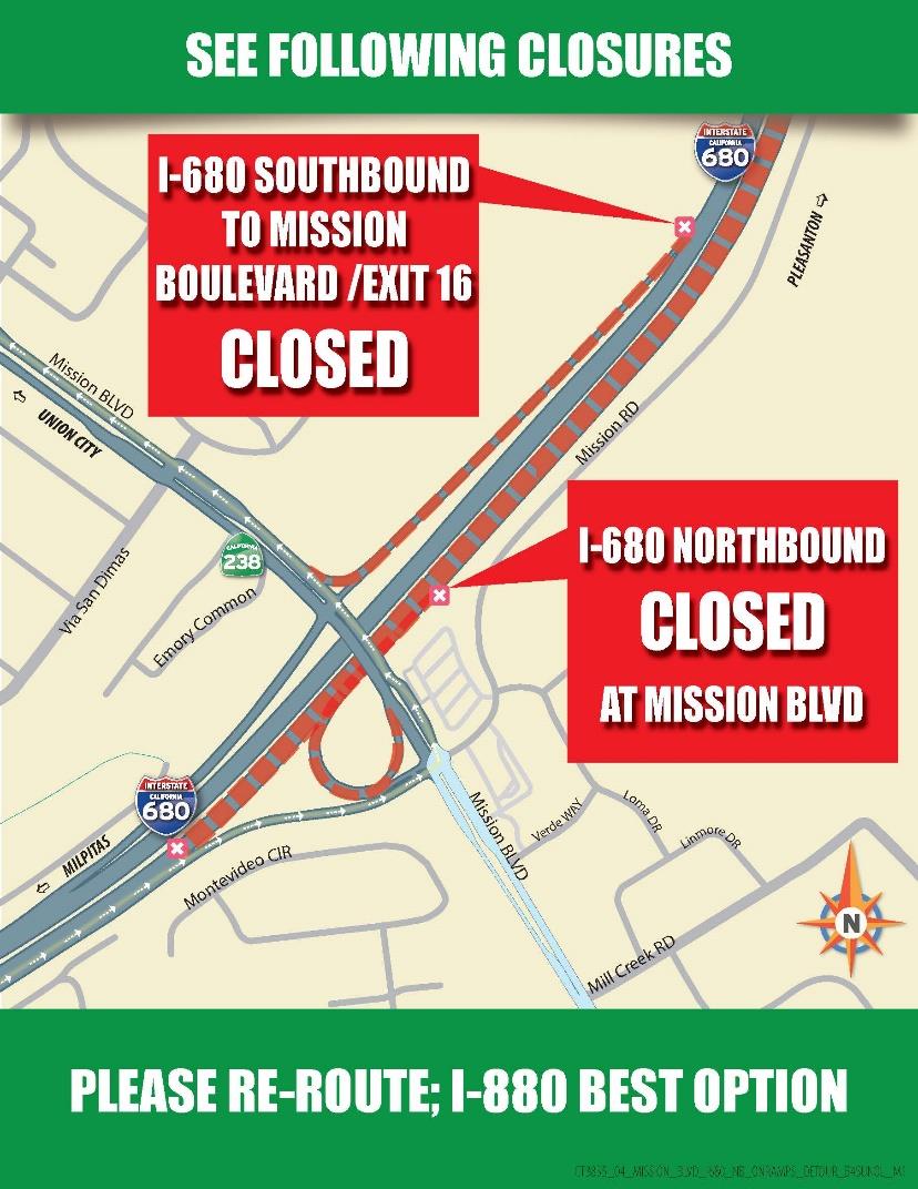 Detour map of 55-hour full highway closure on Northbound Interstate 680. I-680 Southbound to Mission Boulevard Exit 16 is Closed. I-680 Northbound closed at Mission Blvd.  Re-route to Interstate 880 is the best option. 