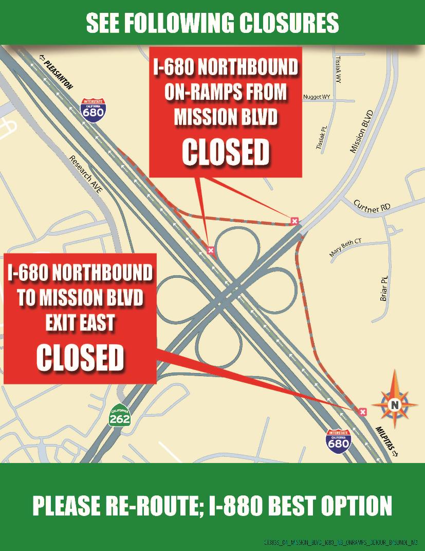 Detour map of 55-hour full highway closure on Northbound Interstate 680. I-680 Northbound On-ramps from Mission Boulevard is Closed. I-680 Northbound to Mission Blvd Exit East is Closed.  Re-route to Interstate 880 is the best option.