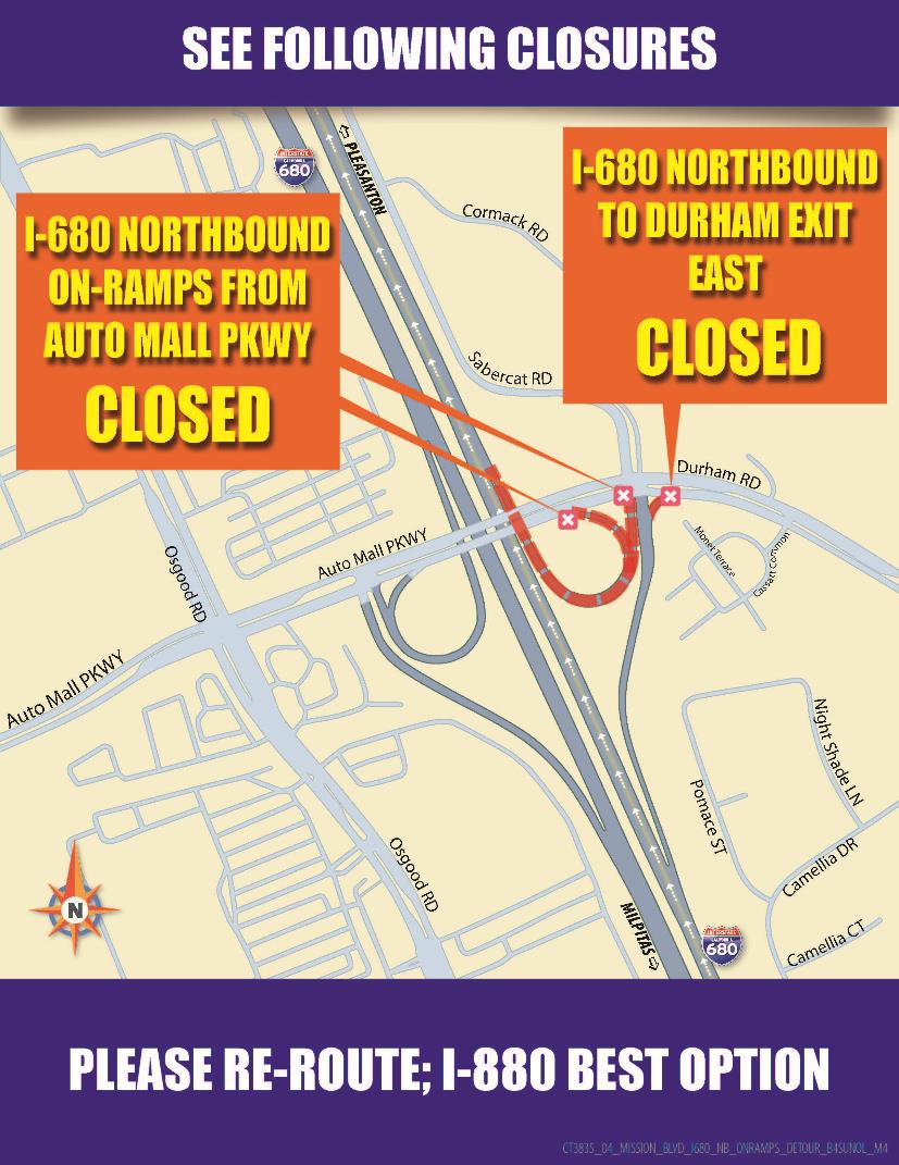 Detour map of 55-hour full highway closure on Northbound Interstate 680. I-680 Northbound On-ramps from Auto Mall Parkway is Closed. I-680 Northbound to Durham Exit East is Closed.  Re-route to Interstate 880 is the best option.