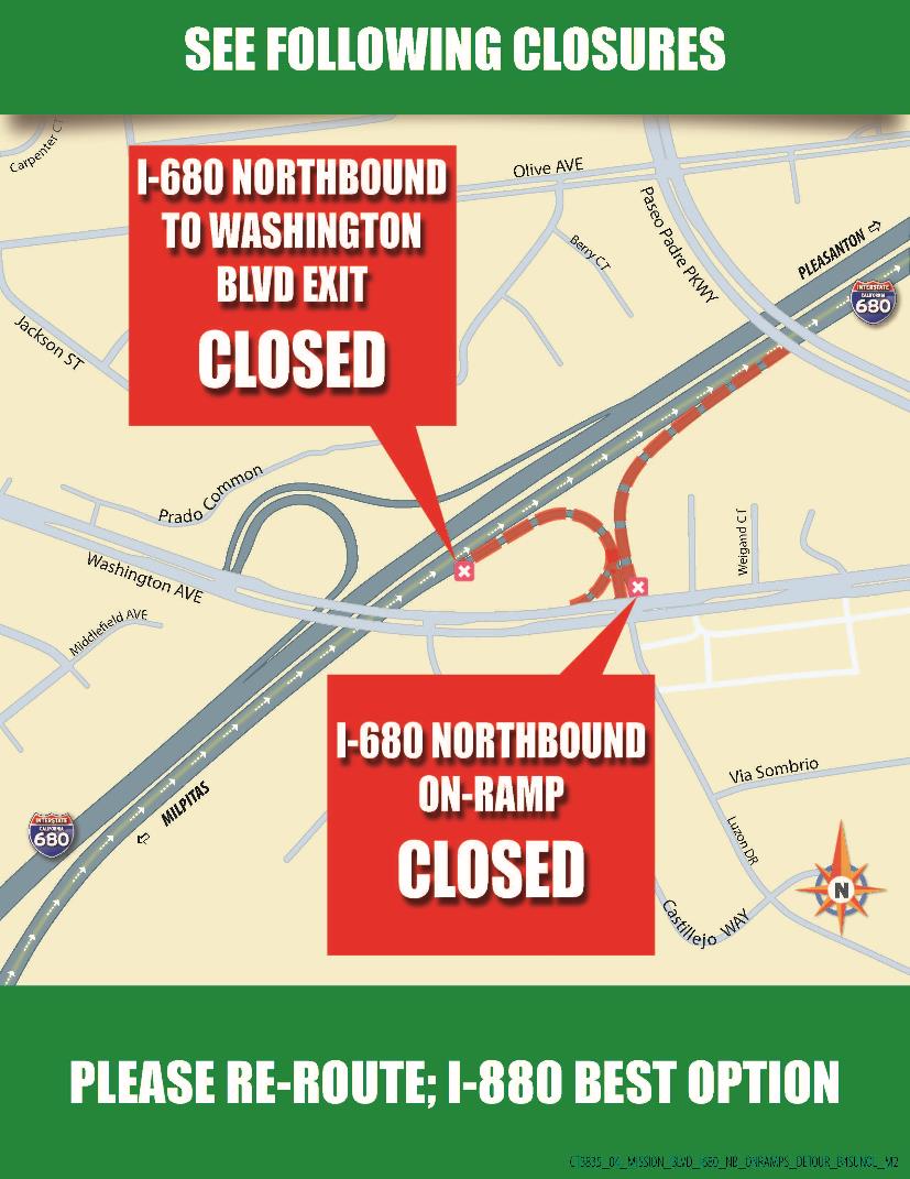 Detour map of 55-hour full highway closure on Northbound Interstate 680. I-680 Northbound to Washington Blvd Exit is Closed. I-680 Northbound  On-ramp is Closed.  Re-route to Interstate 880 is the best option.