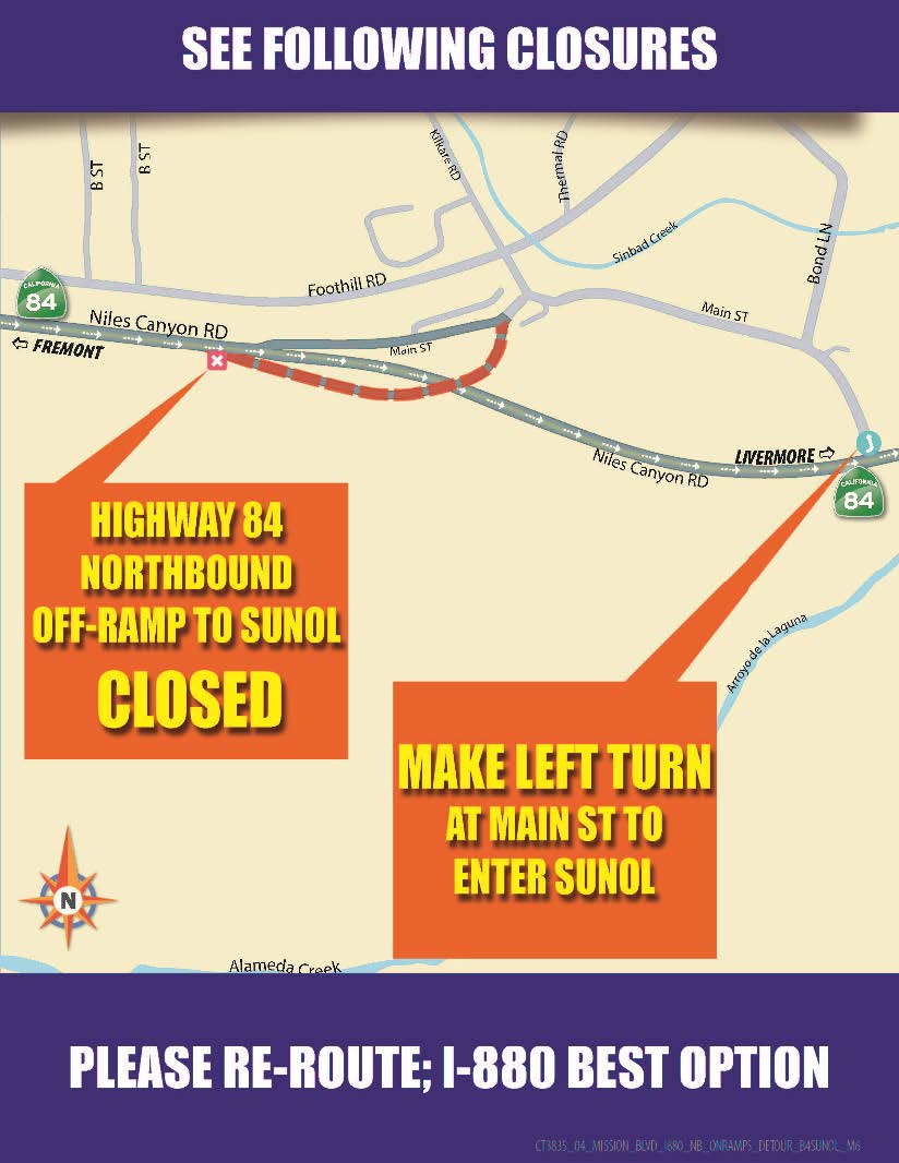 Detour map of 55-hour full highway closure on Northbound Interstate 680. Highway 84 Northbound off-ramp to Sunol is Closed. Make left turn at Main St. to enter Sunol.  Re-route to Interstate 880 is the best option.