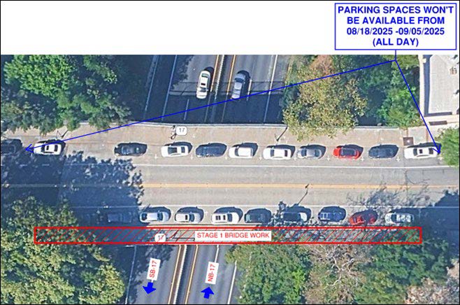 Image of where State Route 17 Main Street Overcrossing Project, temporary parking closure on Main Street Overcrossing, parking spaces won't be available from 08/18/2025 to 09/05/2025, all day.