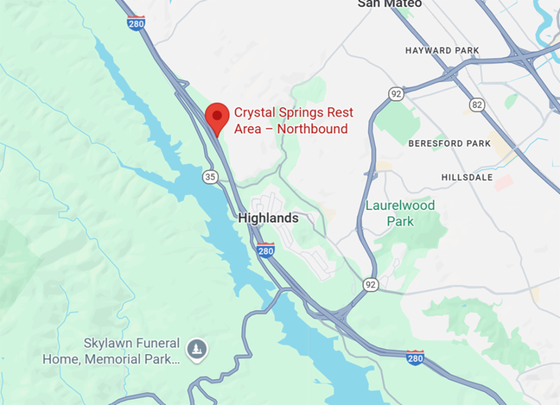 Map showing the location of Crystal Springs Rest Area on Interstate 280 in San Mateo County.