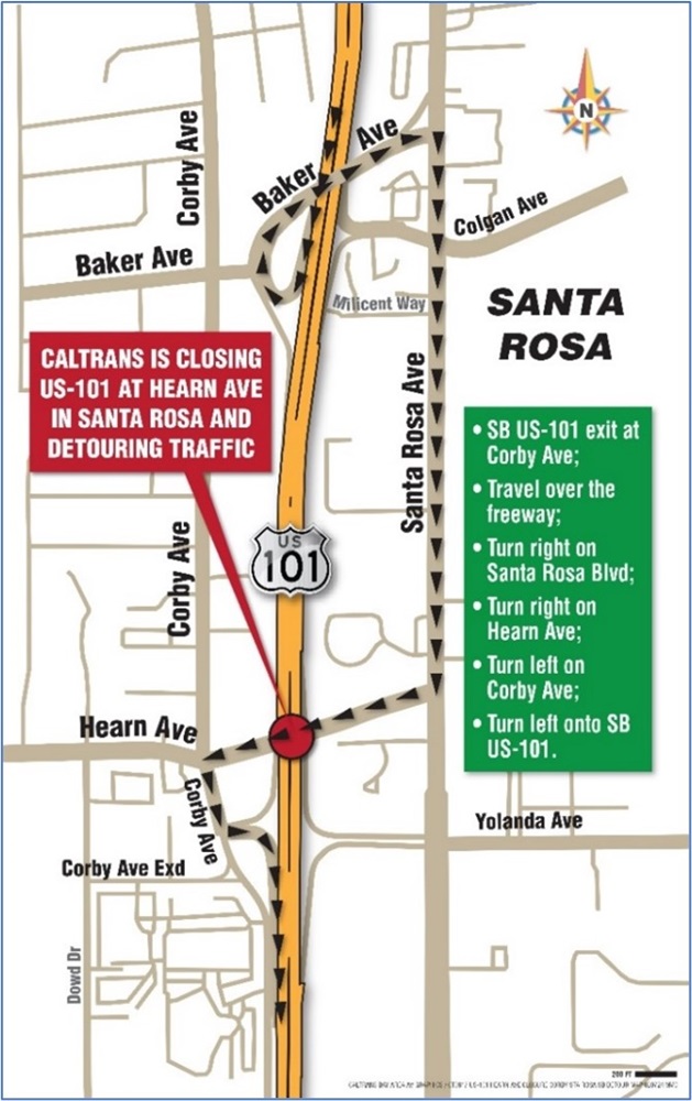 Detour map for southbound US 101 closure at Hearn Avenue Overcrossing. Motorists should exit SB Hwy 101 at the Corby/Baker Avenue off ramp, turn right on Santa Rosa Avenue, right on Hearn Avenue, then left on Corby to Hwy 101.