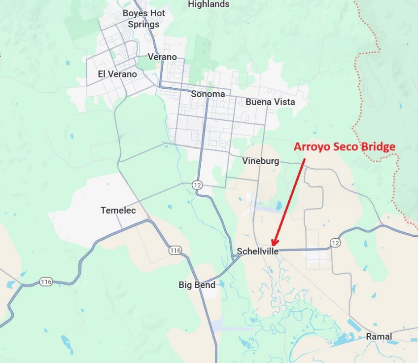 Map where Caltrans to Close One Lane of State Route 121 at the Arroyo Seco Bridge for Two Nights in Schellville, Sonoma County.